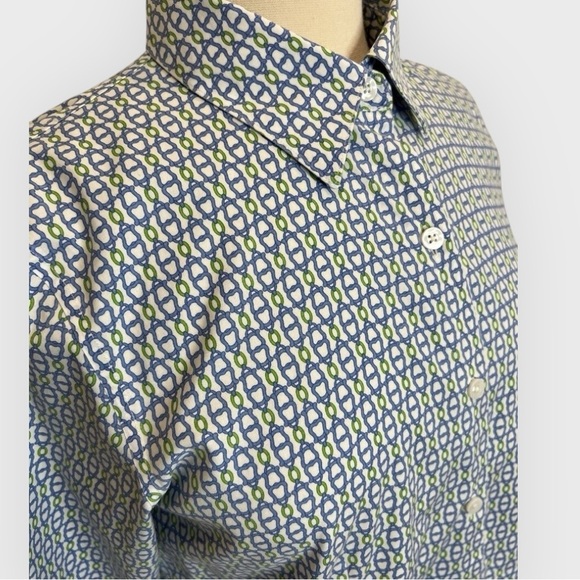Talbots Wrinkle Resistant Shirt Womens 12 P Blue Geometric 3/4 Sleeve Button Up - Picture 4 of 6